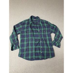 Vintage Lands' End Shirt womens 14 blue Green Flannel Outdoor Cotton